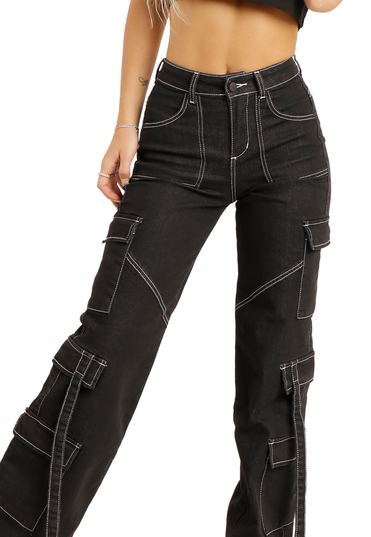 Jeans Cargo de triple bolsillos Negro Mujer-2