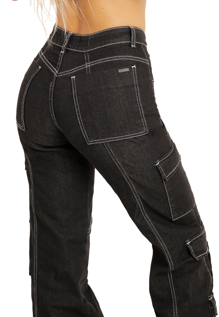 Jeans Cargo de triple bolsillos Negro Mujer-3