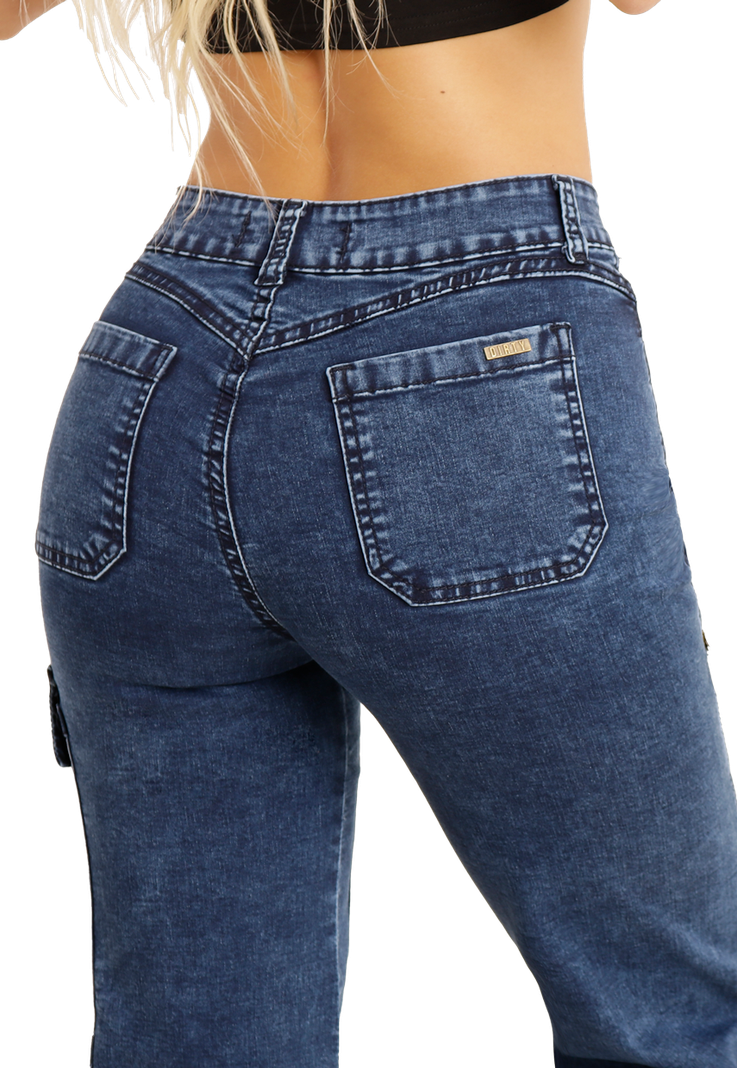 Jeans Cargo con doble bolsillo con cierre Azul Mujer-3