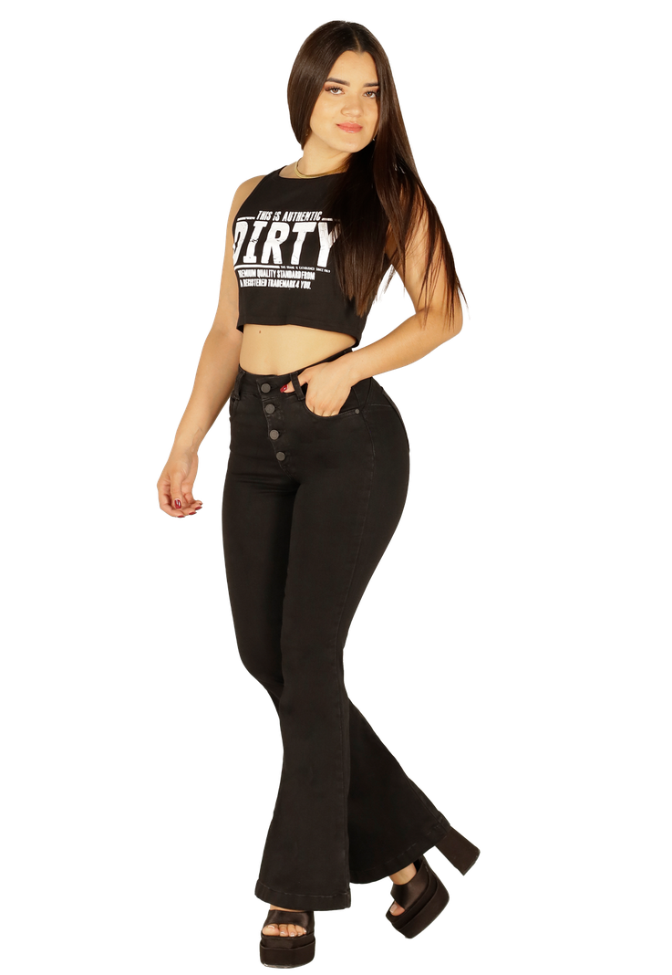 Jeans Flare Negro de Botones Mujer-0