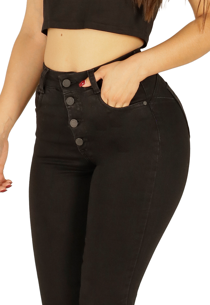 Jeans Flare Negro de Botones Mujer-2