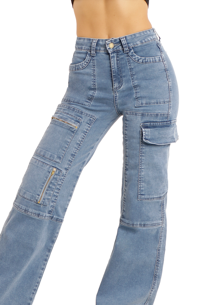 Jeans Cargo con cierre en los bolsillos Celeste Mujer-2