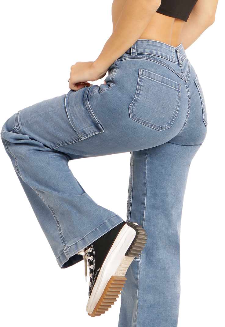Jeans Cargo con cierre en los bolsillos Celeste Mujer-3
