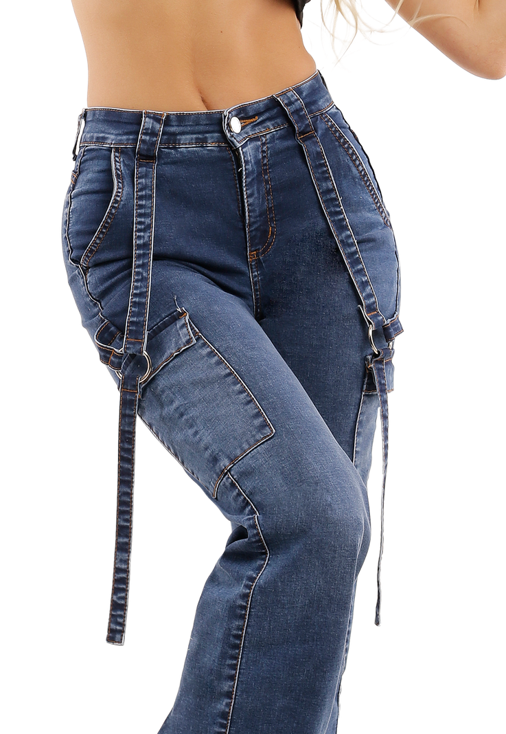 Jeans Cargo de tiras con objetillo Azul Mujer-2