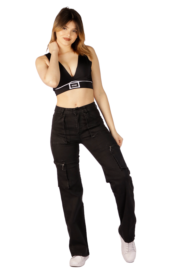 Jeans Cargo Recto Negro Mujer-0