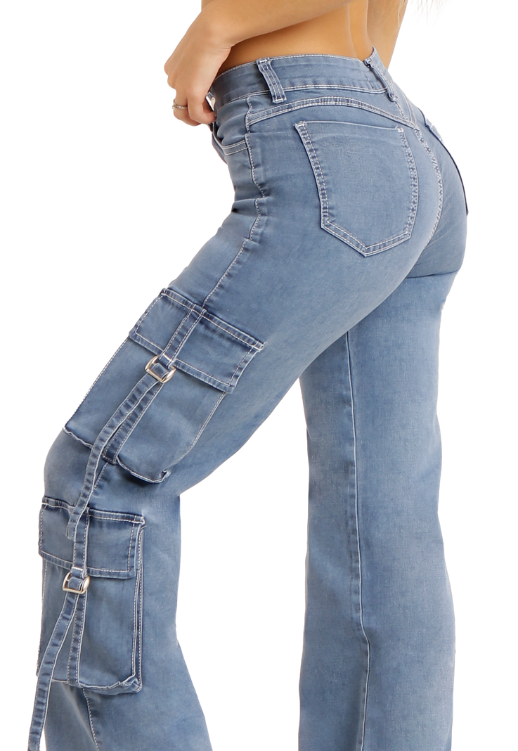 Jeans Cargo Celeste Mujer Dirty-3