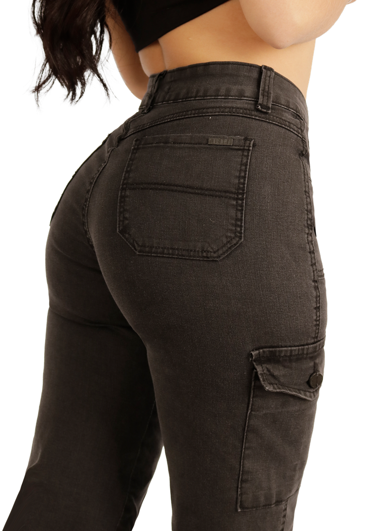 Jeans Cargo de 4 Botones Gris Mujer -3