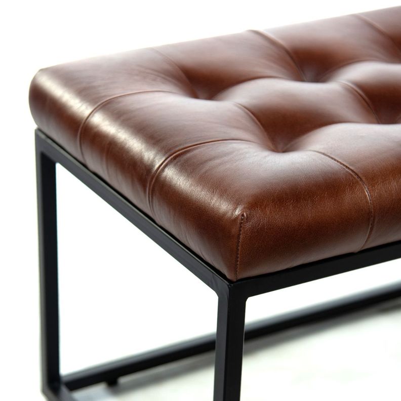 BANQUETA DE CUERO CAPITONE COGNAC PATAS DE FIERRO 140X44X44 -1