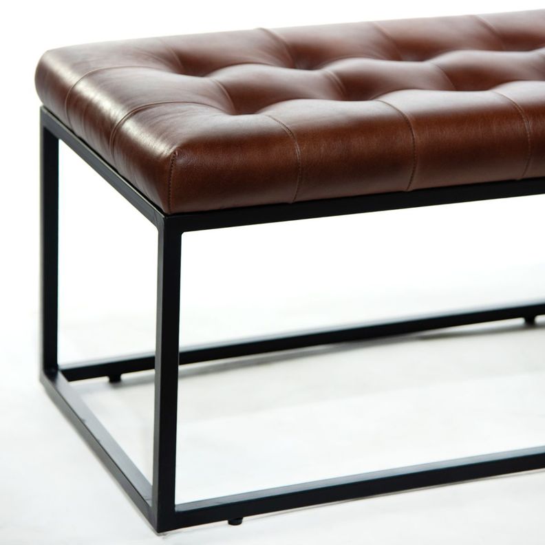 BANQUETA DE CUERO CAPITONE COGNAC PATAS DE FIERRO 140X44X44 -4