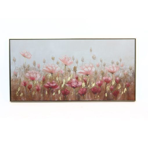 Cuadro Peonias pintura en tela canvas rosado blanco con marco 140x70cm