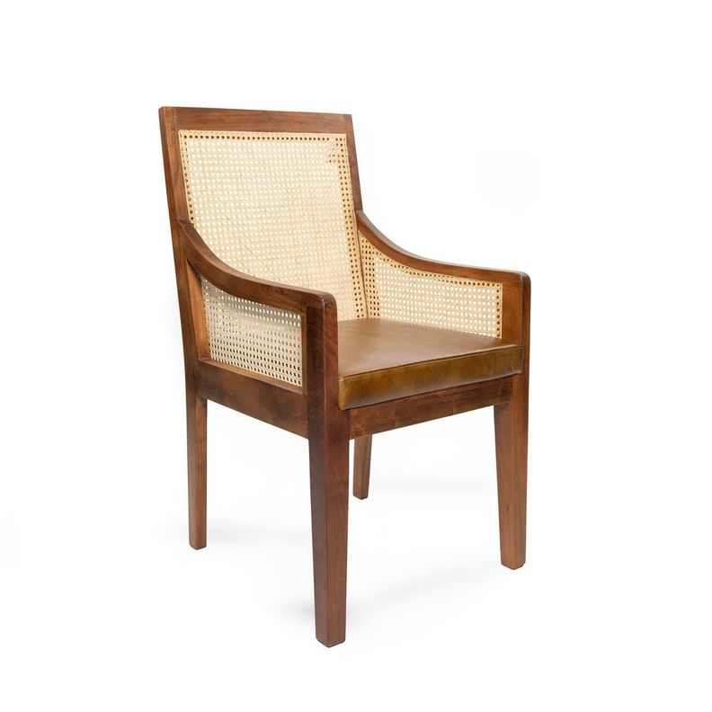 Silla Himalaya con brazo rattan asiento de cuero café 50 x 57 x 94 cm-0