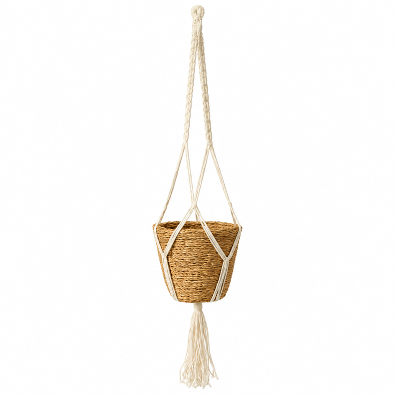 Porta macetero colgante de macram blanco 150x20cm con cesta 25x20cm
