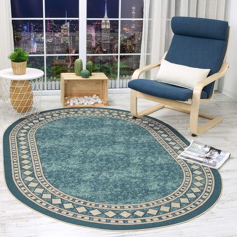Alfombra Redonda Celeste 150x150 Cm Antideslizante Con Goma -0