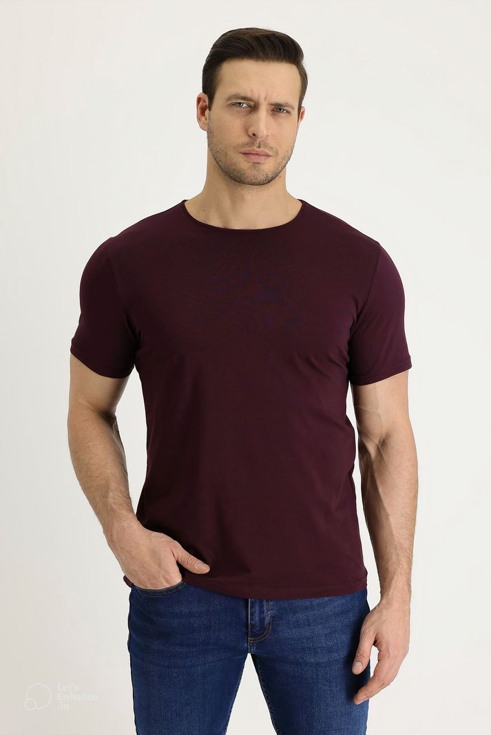 Polera Burdeo Manga Corta Hombre Casual Cuello Redondo-0