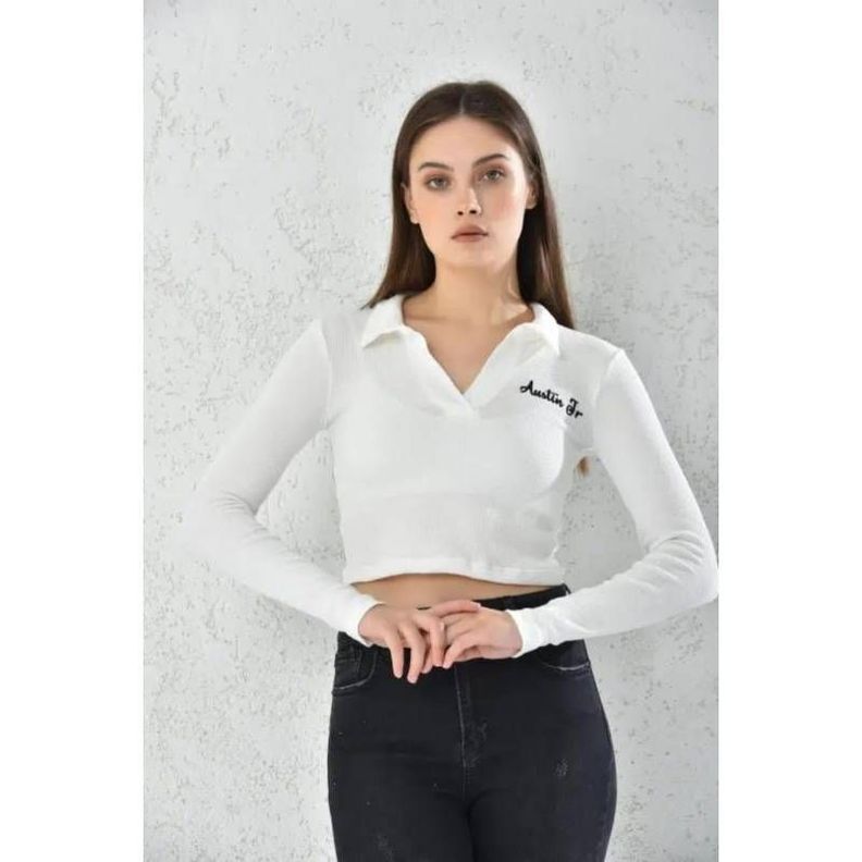 Poleron Mujer Crop Blanco Ajustado-0
