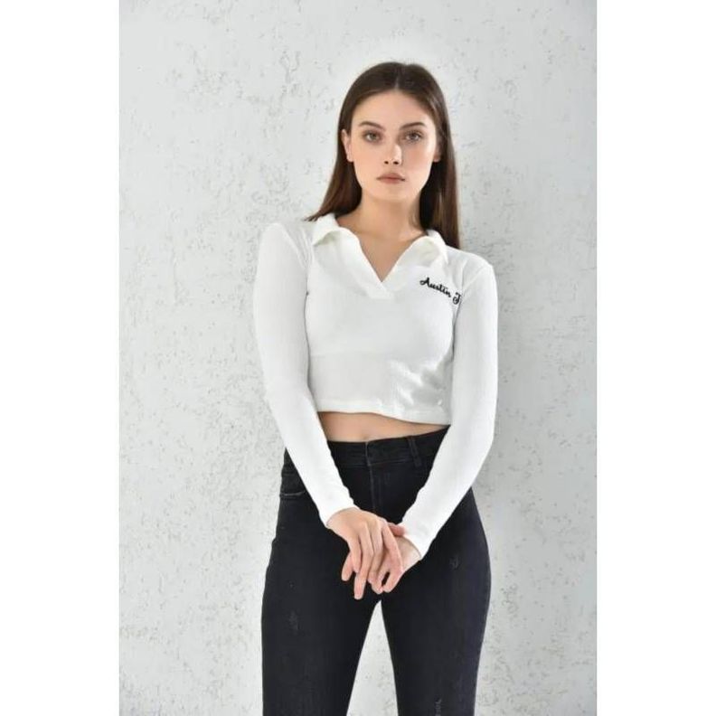 Poleron Mujer Crop Blanco Ajustado-1