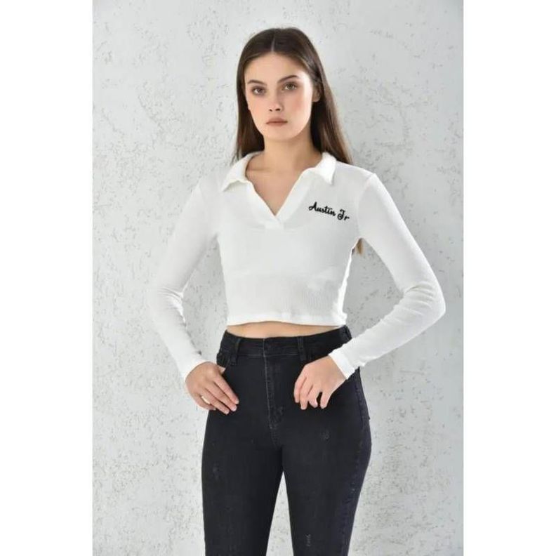 Poleron Mujer Crop Blanco Ajustado-2