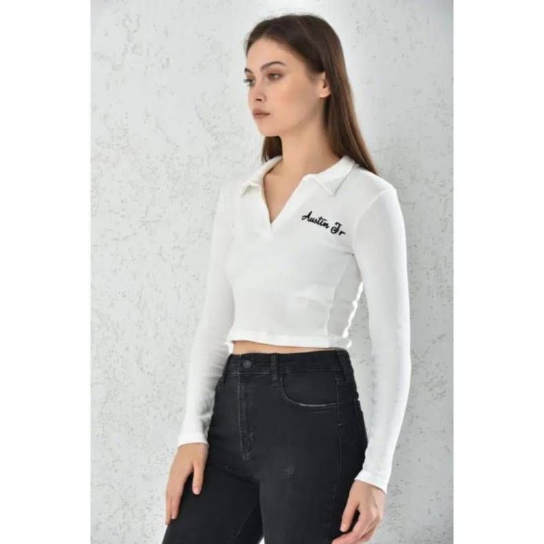 Poleron Mujer Crop Blanco Ajustado-3