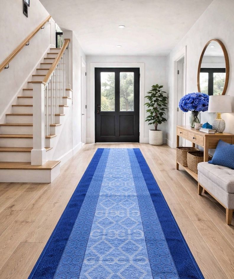 Alfombra de Pasillo Azul 67 cm x 10 metros con Goma Sin Overlock