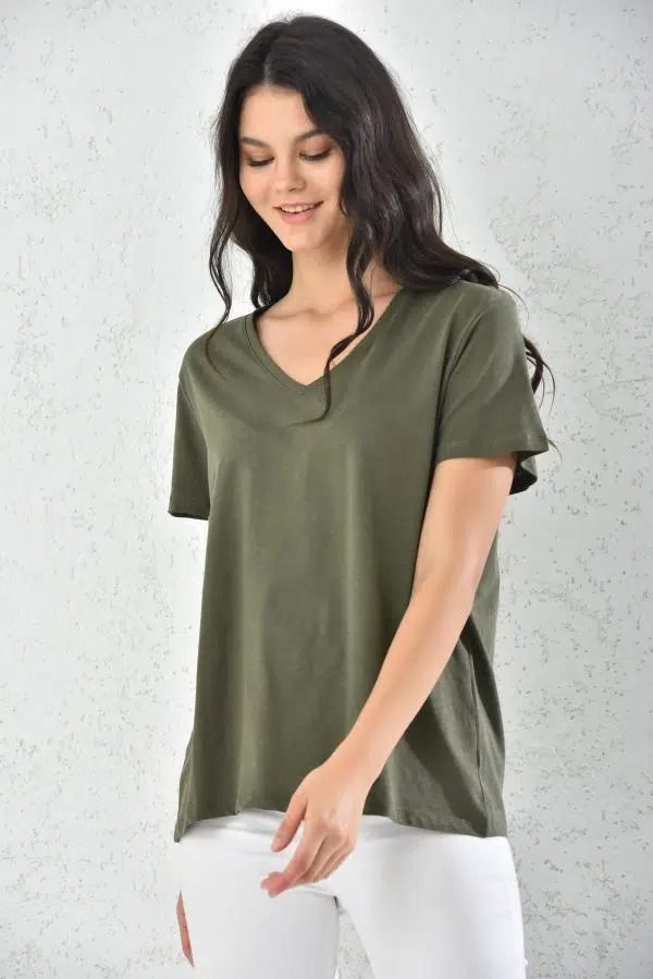 Polera Verde Militar Mujer Cuello V-0