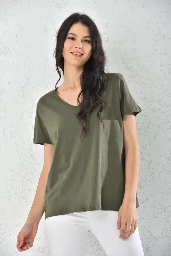 Polera Verde Militar Mujer Cuello V-2