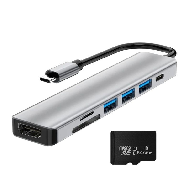 Adaptador 7 En 1 USB-C Con Hdmi Y Puertos + Micro SD 64GB Gris