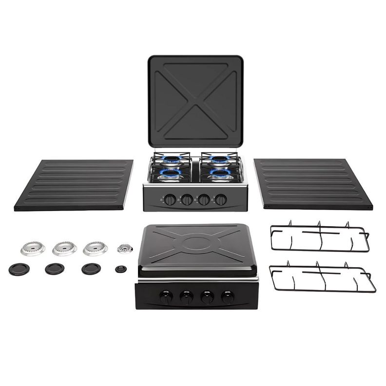 Cocina Encimera Gas 4 Platos con Mesa y Tapa de Acero-1