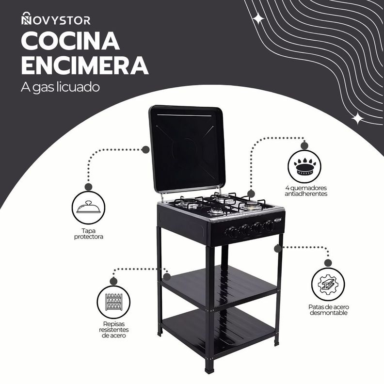Cocina Encimera Gas 4 Platos con Mesa y Tapa de Acero-2
