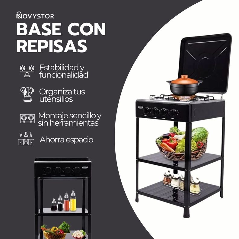 Cocina Encimera Gas 4 Platos con Mesa y Tapa de Acero-4
