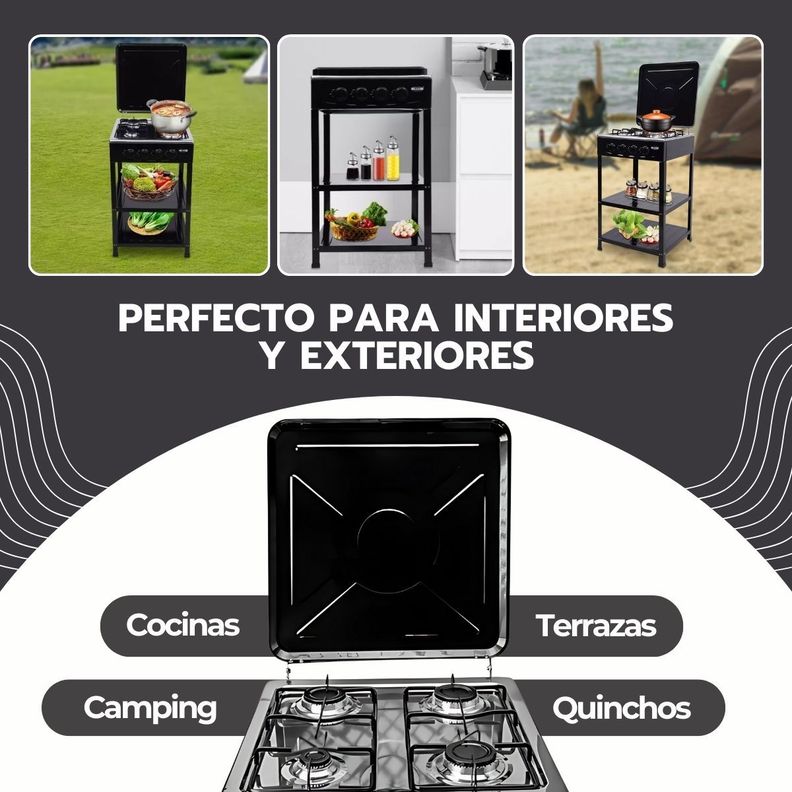 Cocina Encimera Gas 4 Platos con Mesa y Tapa de Acero-7
