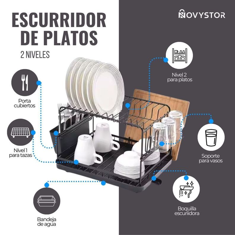 Secaplatos Escurridor acero inoxidable de 2 niveles +drenaje-3