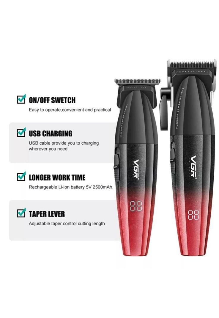 Barber Combo VGR Profesional V640 Clipper y Trimmer 9000RPM Rojo-5