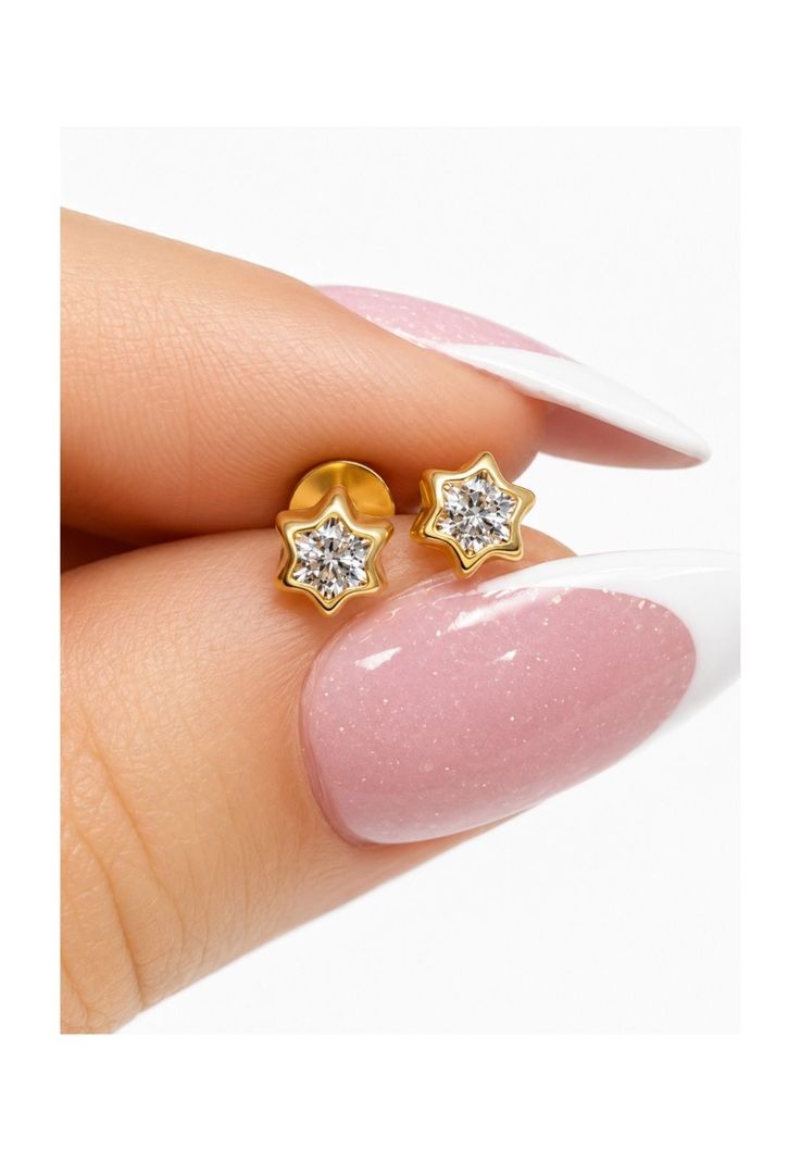 Aros Abridores Estrella 6 Puntas 5 Mm Oro 18k Circon Bebe Blanco 0