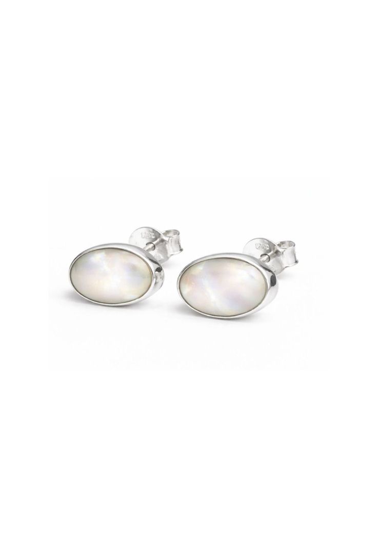 Aros Nacar Ovalado Plata 950 Mujer Elegantes Piedra Blanca. Plateado 0