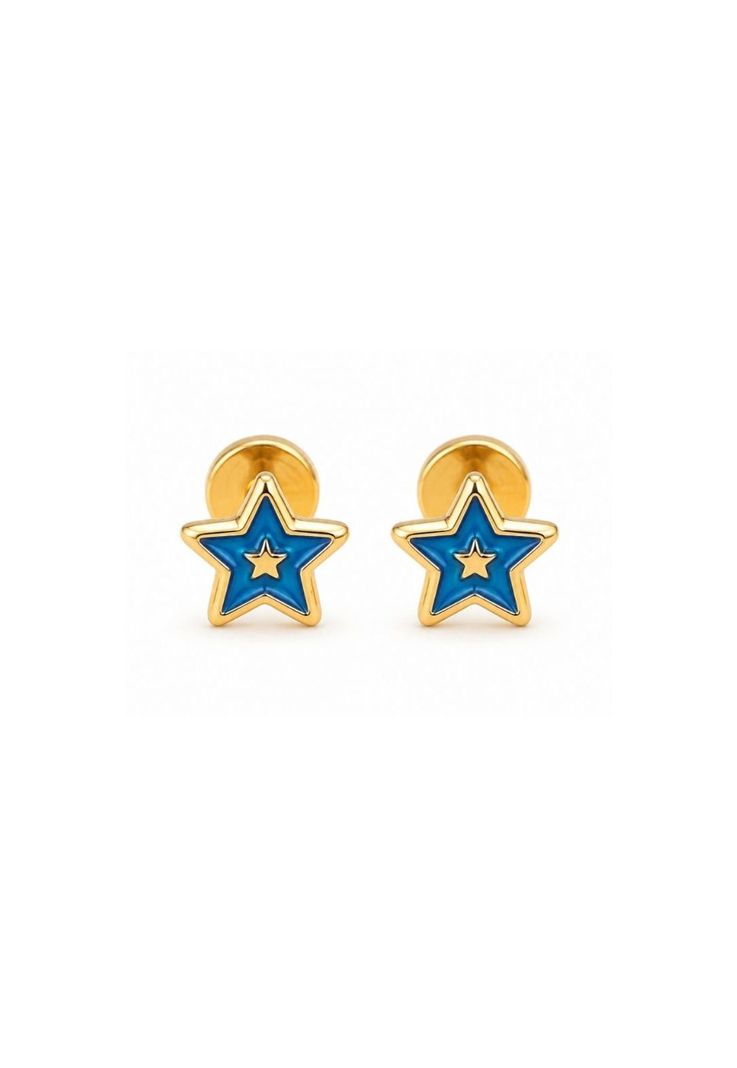 Aros Abridores Estrella Colores 5mm Oro 14k Bebe Nina Azul 0