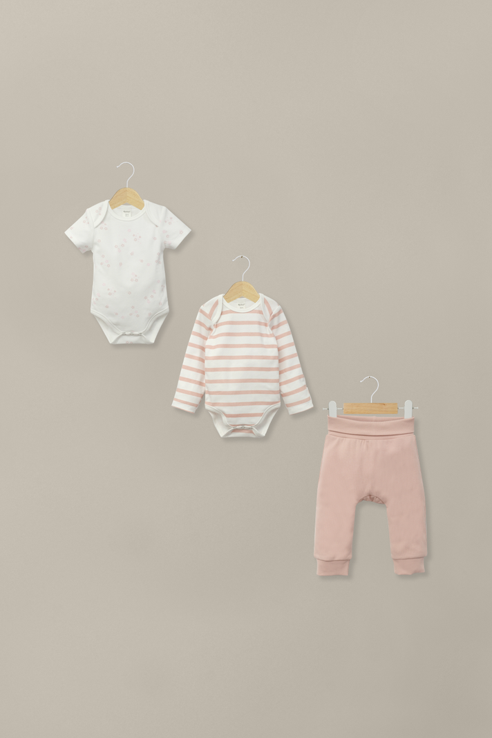 Conjunto 3 piezas bodies y pantalón rosado de bebé niña Opaline