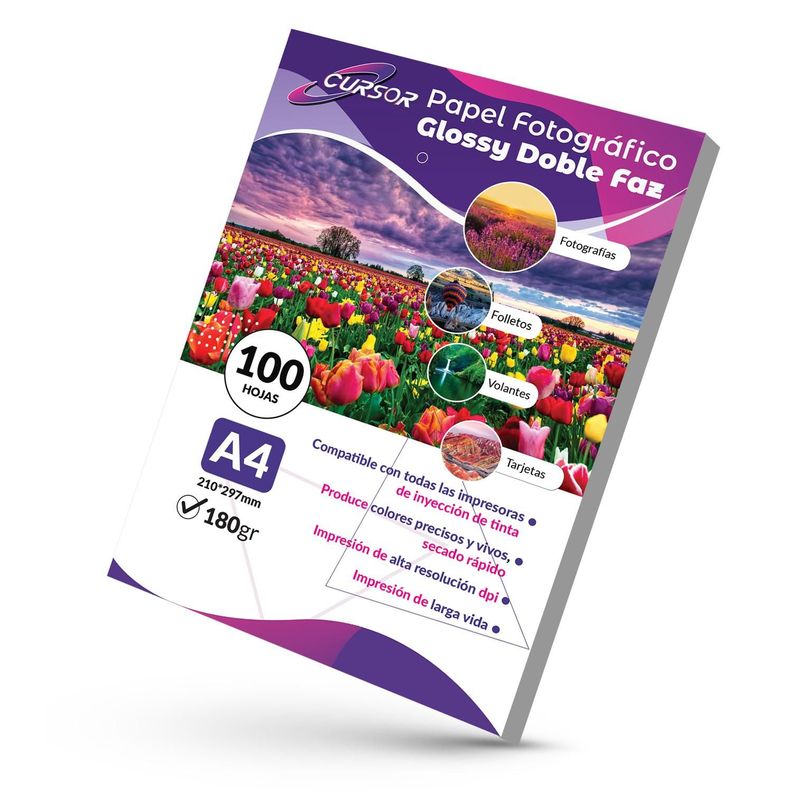 Papel Fotografico Doble Faz Glossy Cursor A4 180 Gr 100 Hjs Blanco