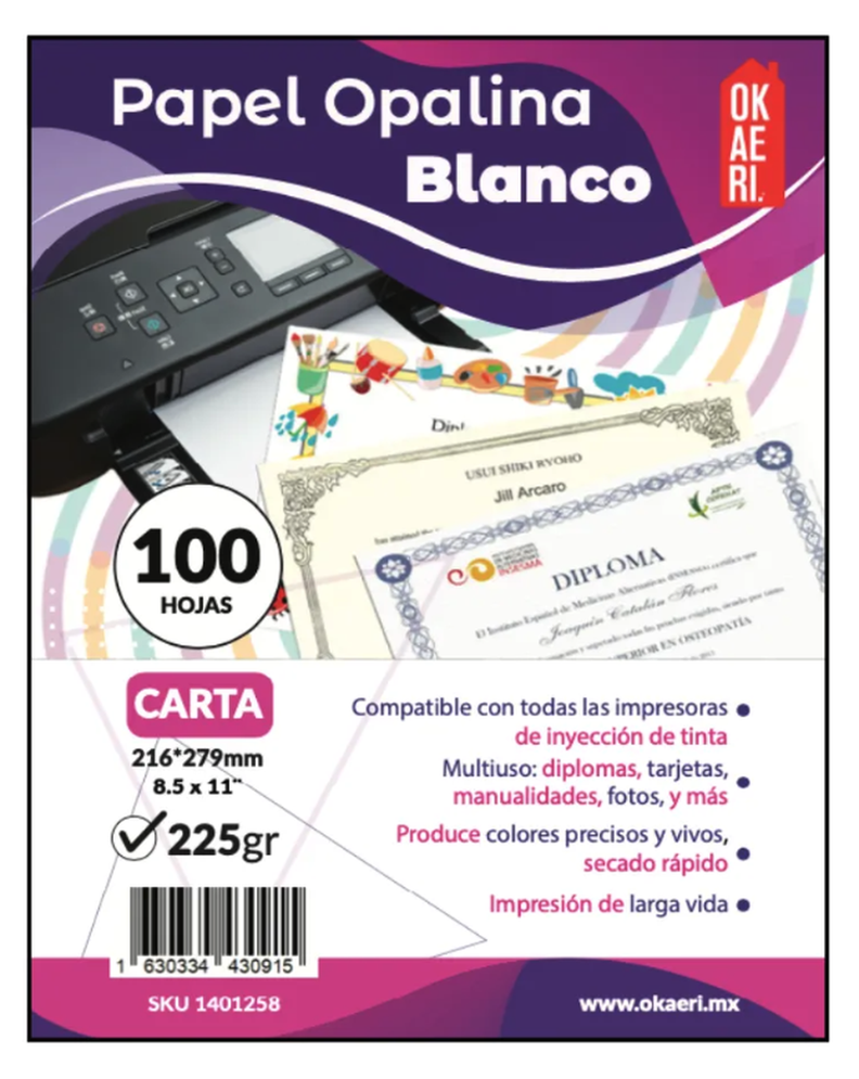 Papel Opalina lisa 225gr Tamano Carta 100 Hojas Blanco