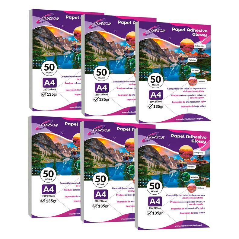 Papel Glossy Adhesivo 135g A4 Cursor Pack 300 Hojas Blanco