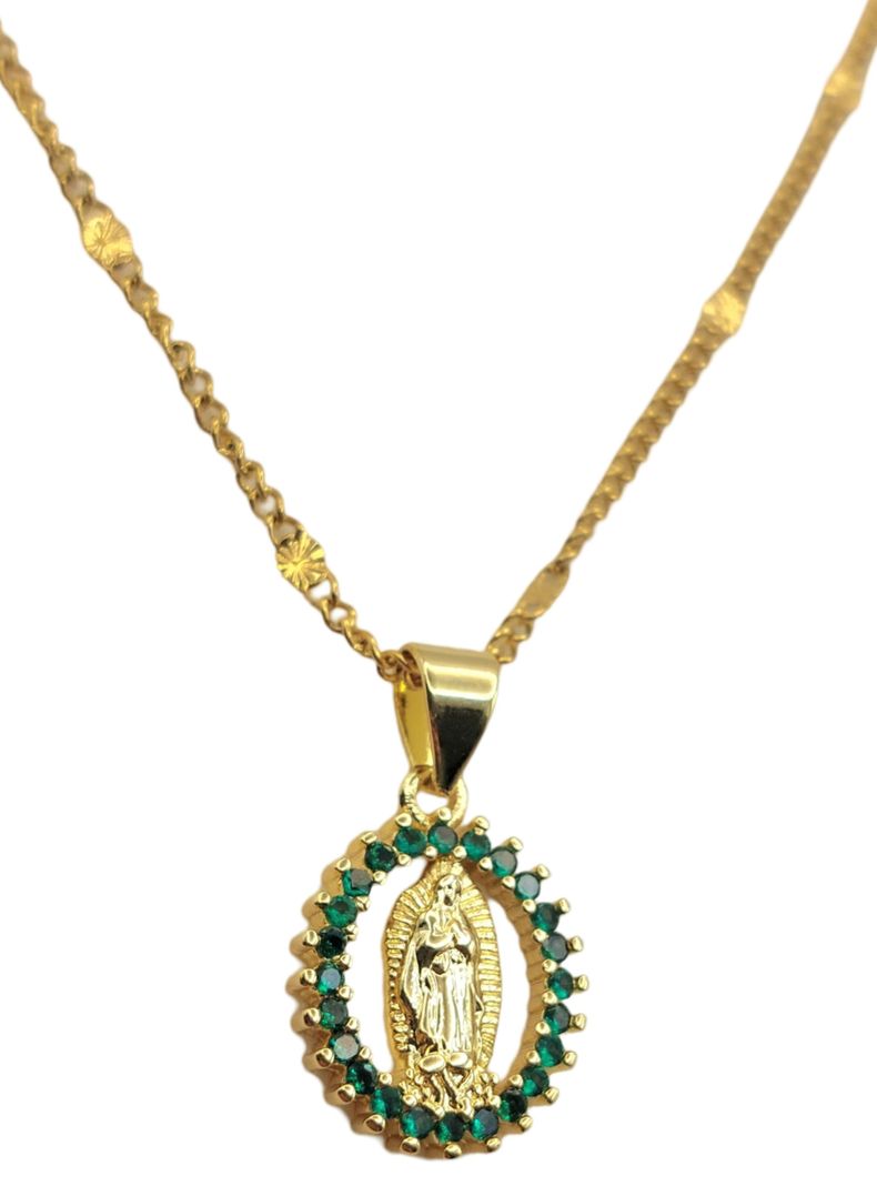 Cadena Oro Laminado Virgen de Guadalupe con Esmeraldas -0