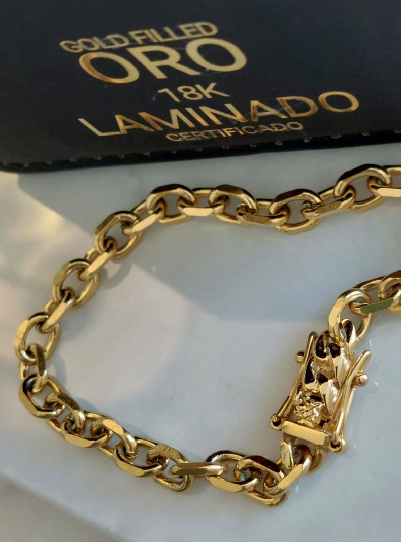 Pulsera ORO 18K Laminado Broche Cajón Tejido ESLABÓN FACETADO-4