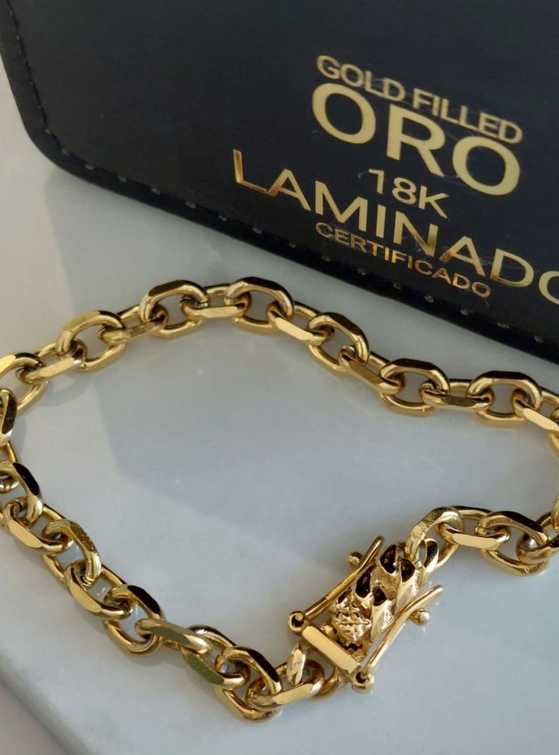 Pulsera ORO 18K Laminado Broche Cajón Tejido ESLABÓN FACETADO-5