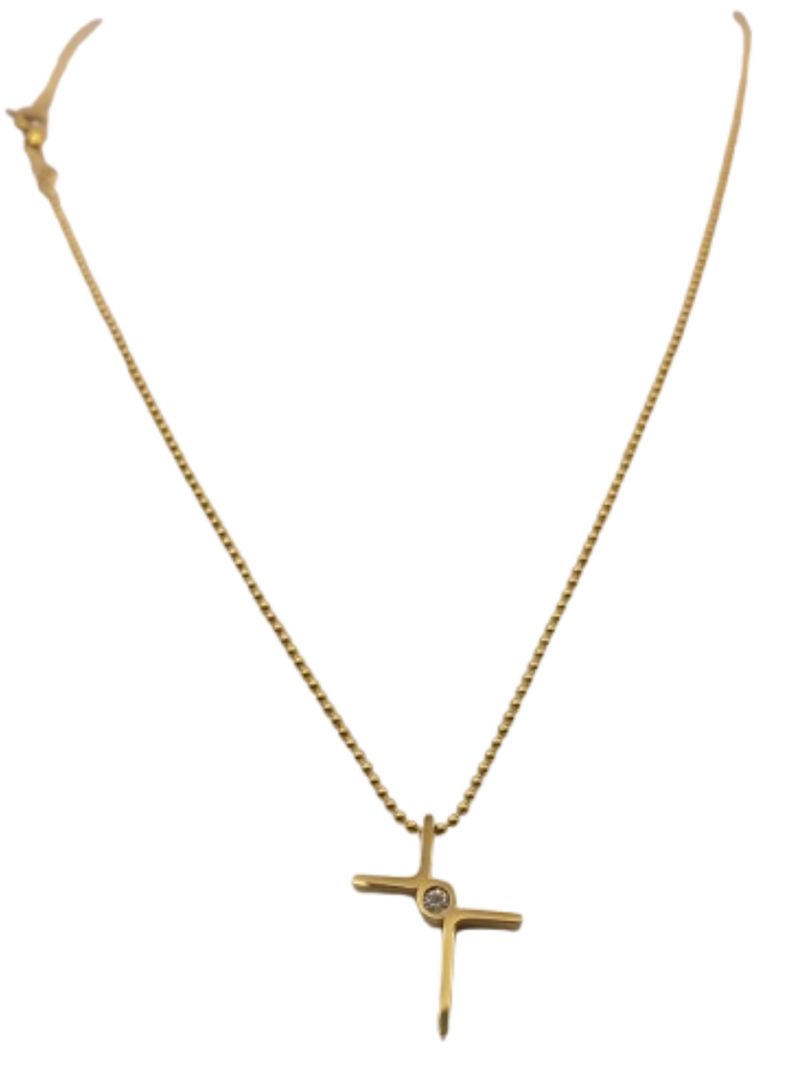 Cadena ORO 14K Laminado Tejido Militar y Cruz con Brillantes -0