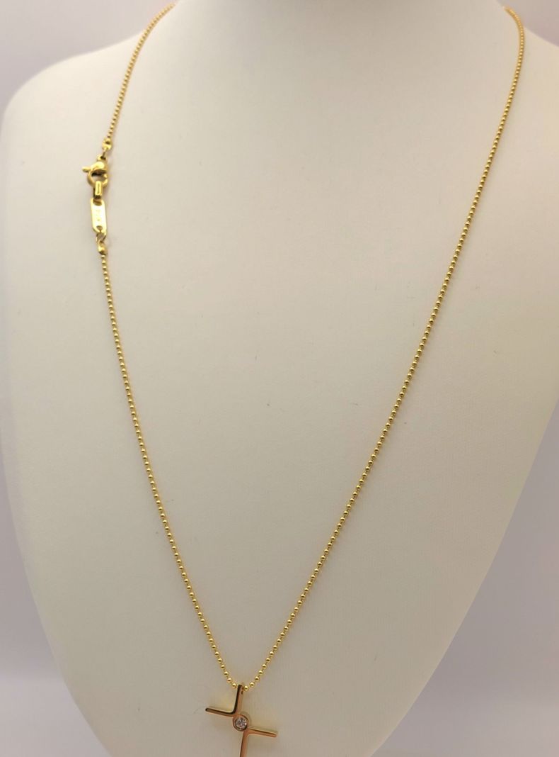 Cadena ORO 14K Laminado Tejido Militar y Cruz con Brillantes -1