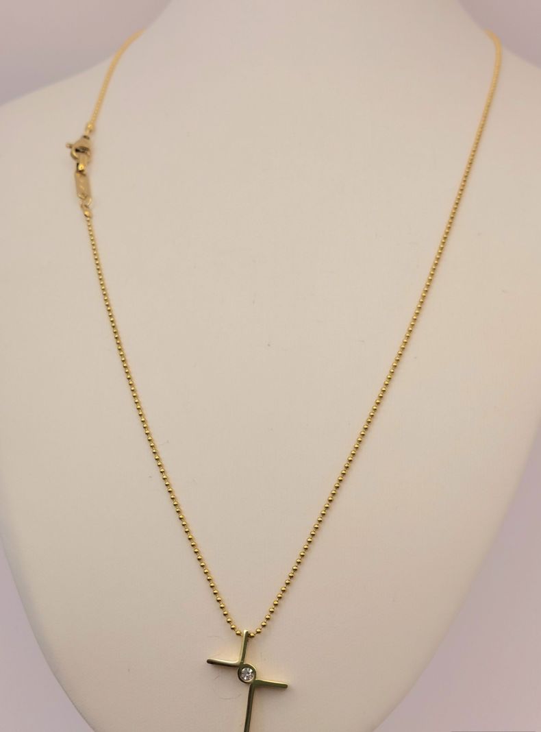 Cadena ORO 14K Laminado Tejido Militar y Cruz con Brillantes -3