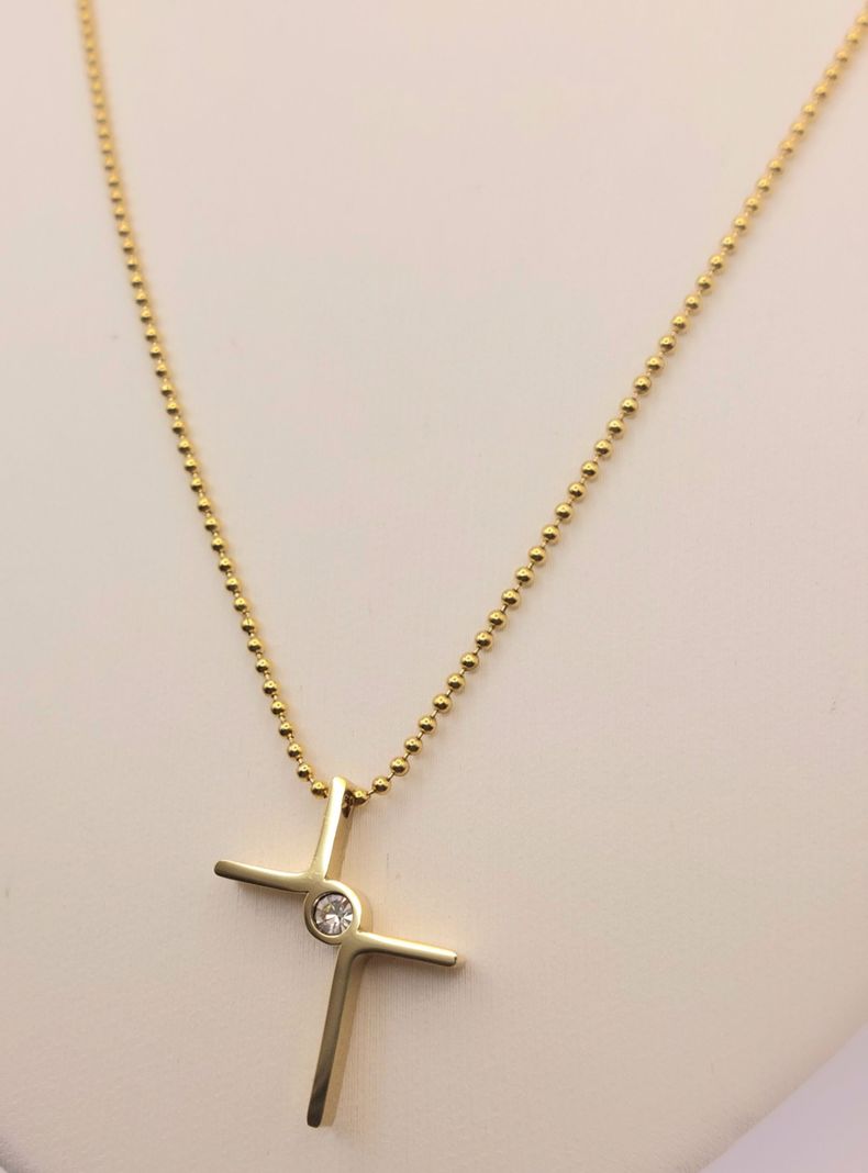 Cadena ORO 14K Laminado Tejido Militar y Cruz con Brillantes -4