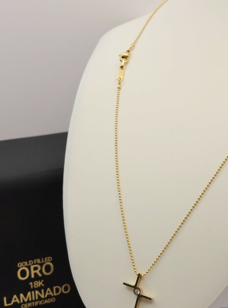 Cadena ORO 14K Laminado Tejido Militar y Cruz con Brillantes -5