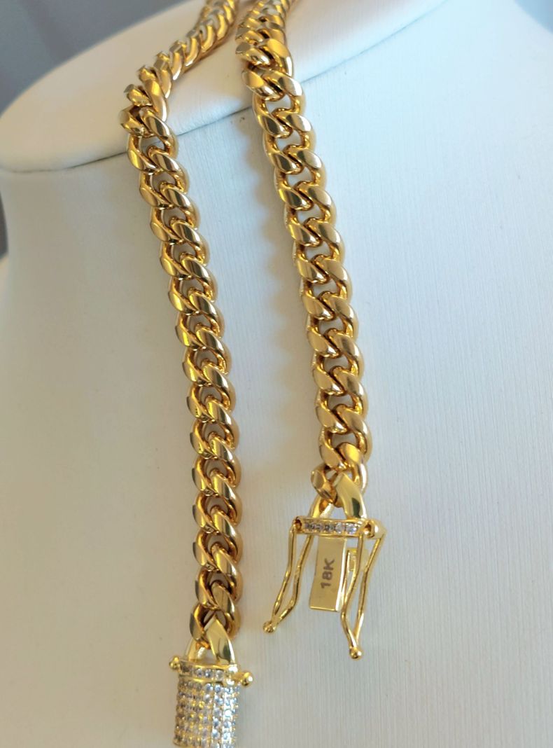 Pulsera ORO Laminado 18k Tejido Cubana Broche Cajón con Brillantes -0
