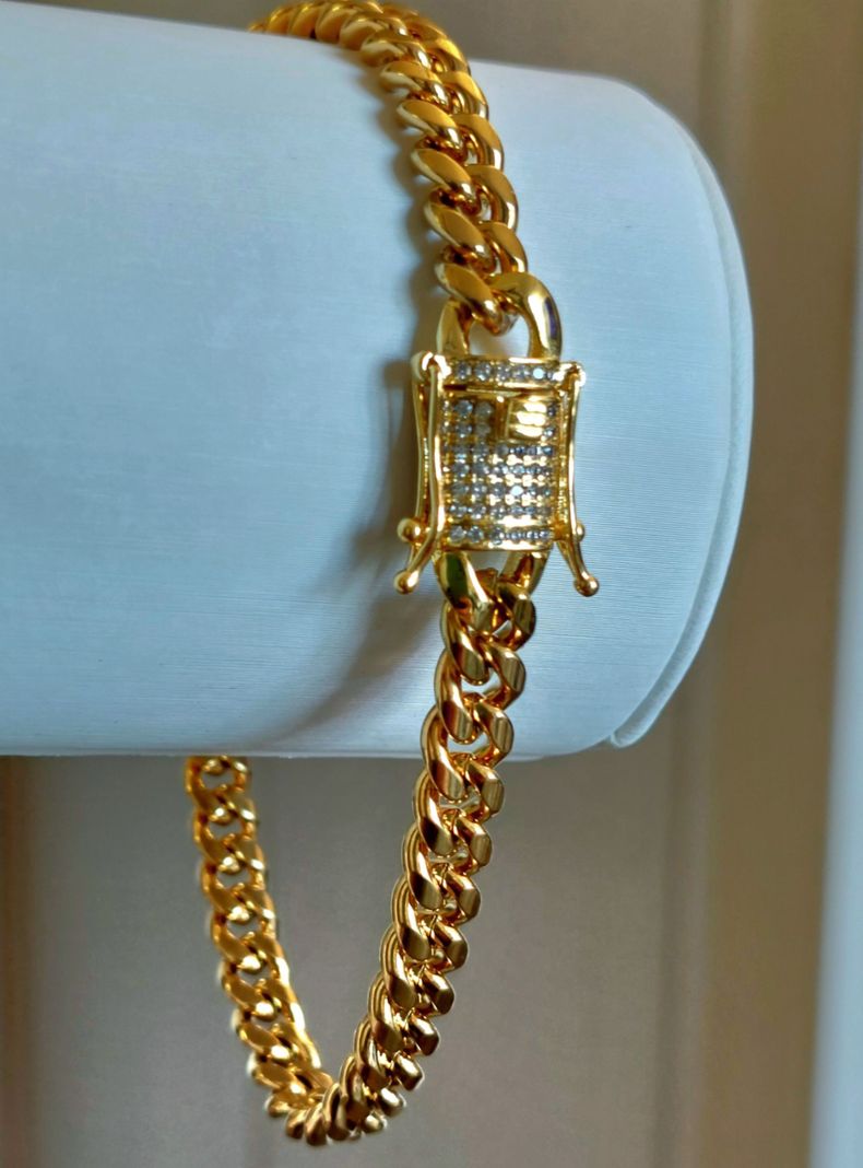 Pulsera ORO Laminado 18k Tejido Cubana Broche Cajón con Brillantes -1