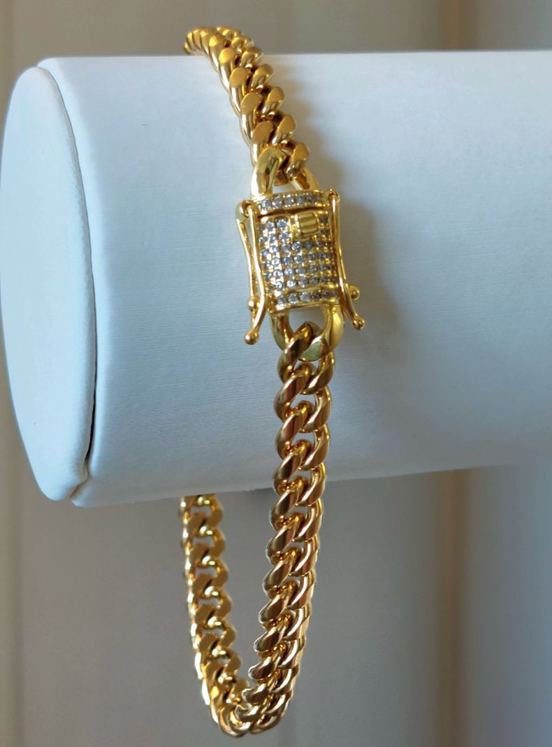 Pulsera ORO Laminado 18k Tejido Cubana Broche Cajón con Brillantes -2